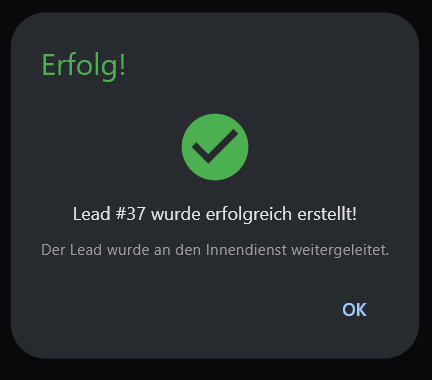 Erfolgsmeldung Lead erstellt