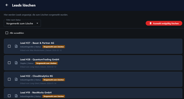 Lead Löschen Oberfläche